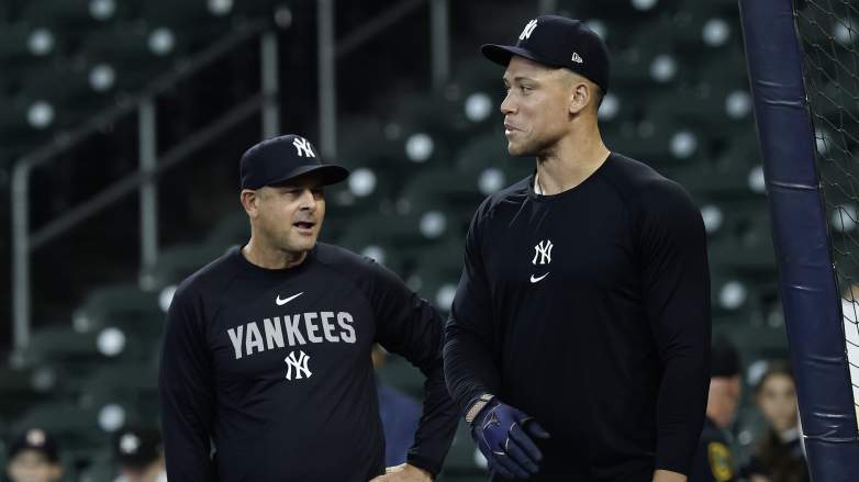 New York Yankees manager Aaron Boone and outfielder Aaron Judge