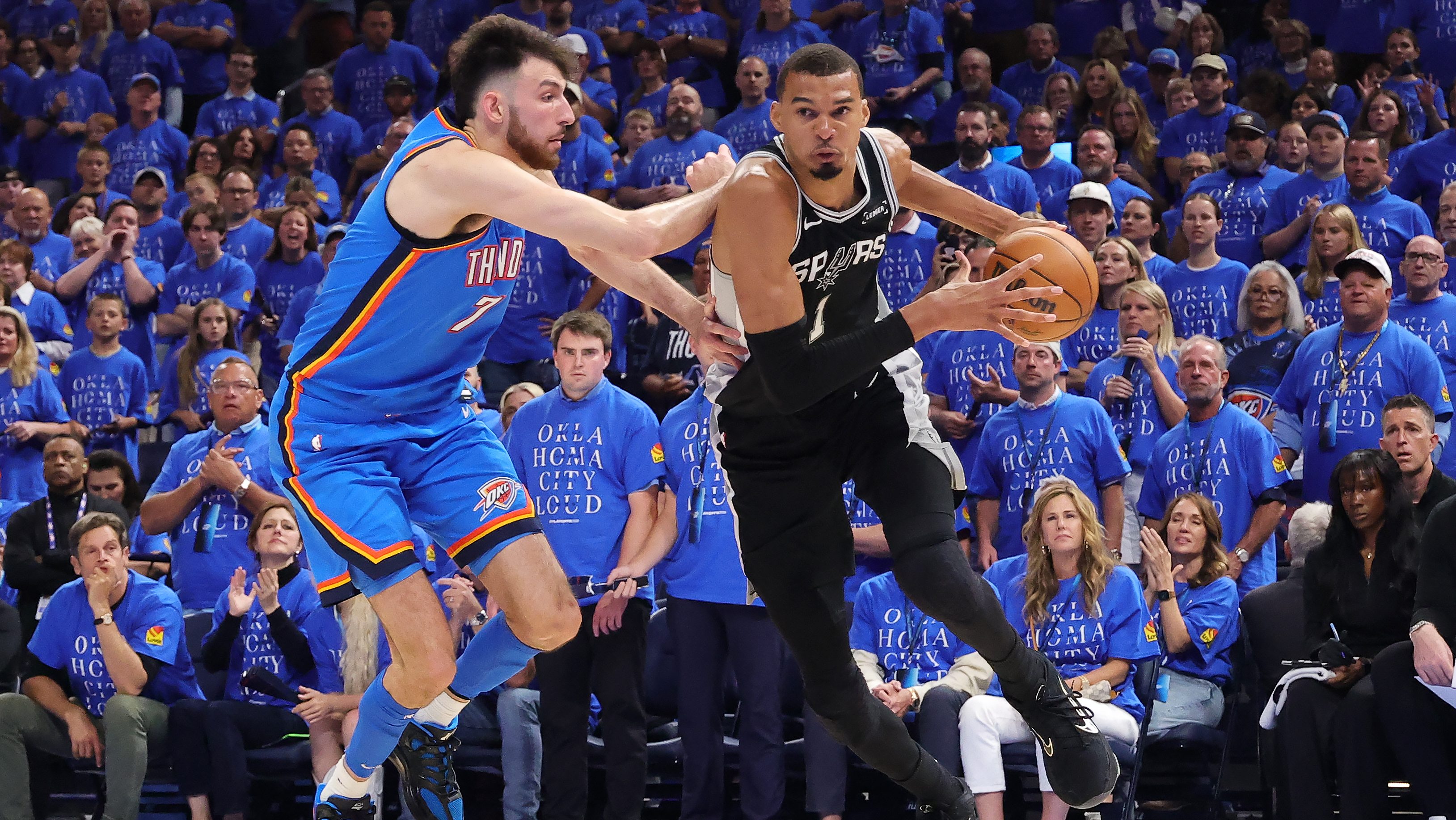 Oklahoma City Thunder center Chet Holmgren and San Antonio Spurs center Victor Wembanyama