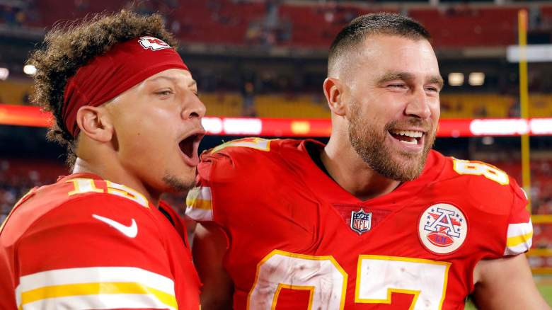 Patrick Mahomes #15 and Travis Kelce #87 of the Kansas City Chiefs celebrate after the Chiefs defeated the Las Vegas Raiders 30-29 to win the game at Arrowhead Stadium on October 10, 2022