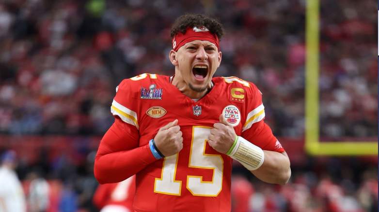 Patrick Mahomes #15 of the Kansas City Chiefs reacts prior to Super Bowl LVIII against the San Francisco 49ers at Allegiant Stadium on February 11, 2024 in Las Vegas, Nevada