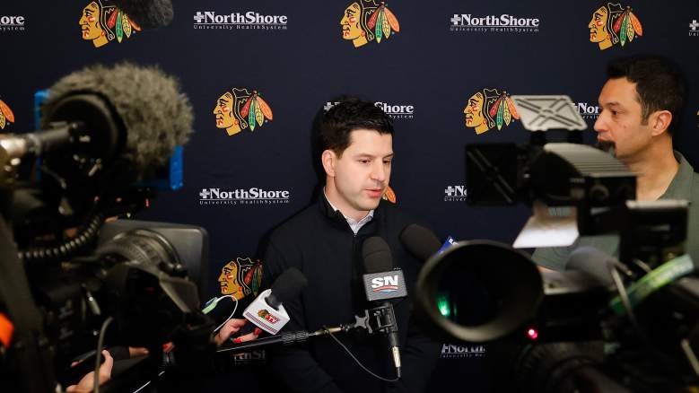 General Manager of the Chicago Blackhawks Kyle Davidson speaks with the media prior to the morning skate before playing against the Pittsburgh Penguins at PPG PAINTS Arena on October 10, 2023 in Pittsburgh, Pennsylvania.