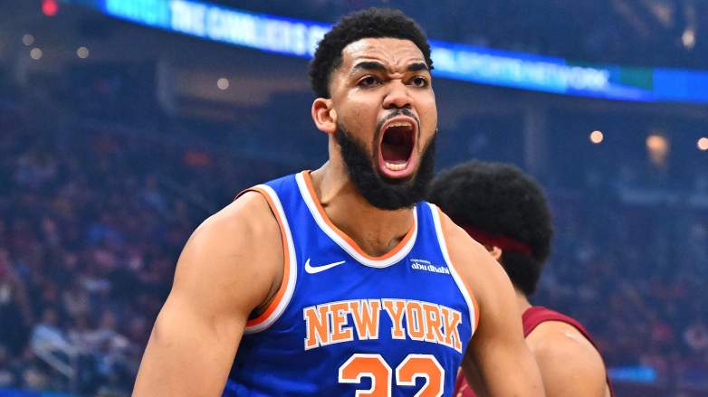 Karl-Anthony Towns of the New York Knicks reacts against the Cleveland Cavaliers