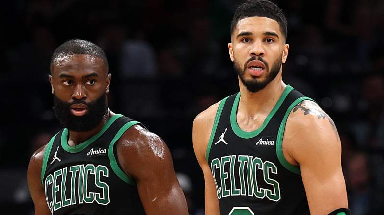 Jayson Tatum #0 of the Boston Celtics and Jaylen Brown #7