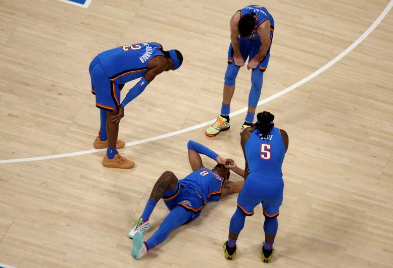 Jalen Williams lies on the court after a hamstring injury during the Oklahoma City Thunder's Western Conference Finals series against the San Antonio Spurs.