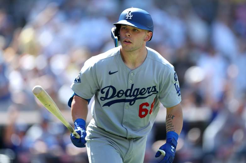 Los Angeles Dodgers catcher Dalton Rushing breaks bat after strikeout against San Francisco Giants.
