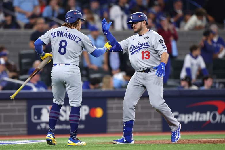 Los Angeles Dodgers infielders Max Muncy and Kike Hernandez. 