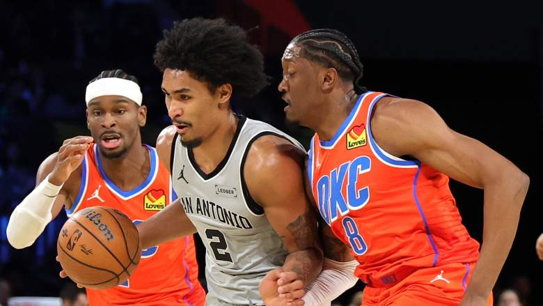 Shai Gilgeous-Alexander and Jalen Williams defend Dylan Harper during Thunder vs Spurs playoff game