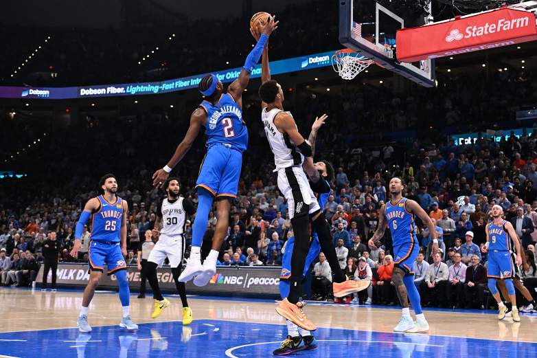 Shai Gilgeous-Alexander #2 of the Oklahoma City Thunder blocks a shot attempt by Victor Wembanyama