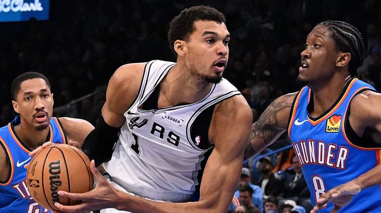 Victor Wembanyama drives against Thunder defense before Game 1