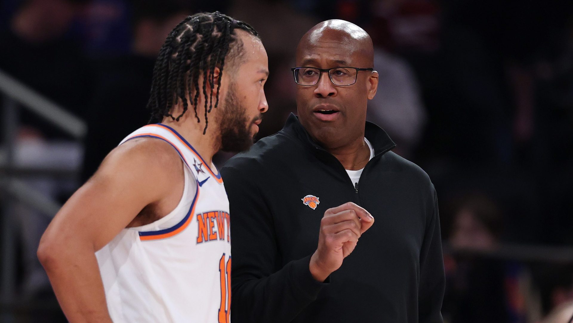 Jalen Brunson and Knicks coach during game as New York awaits Game 1 location decision