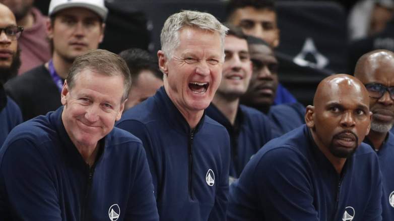 Steve Kerr during a Golden State Warriors game amid reports linking Willie Green and Tom Thibodeau to coaching vacancies.