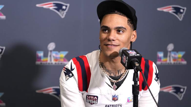 Christian Gonzalez speaking at Patriots Super Bowl media availability