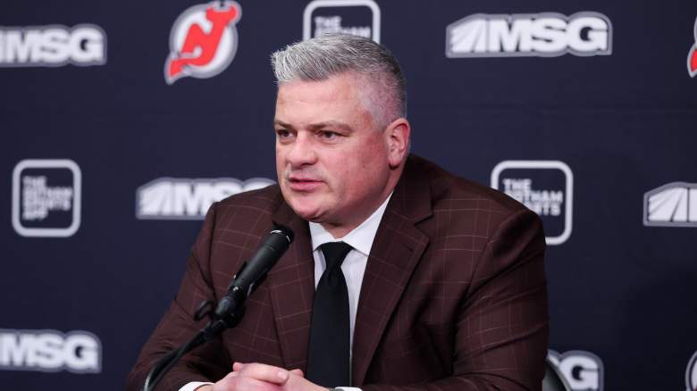 Head coach Sheldon Keefe speaks after the game against the Buffalo Sabres at Prudential Center on February 25, 2026 in Newark, New Jersey.
