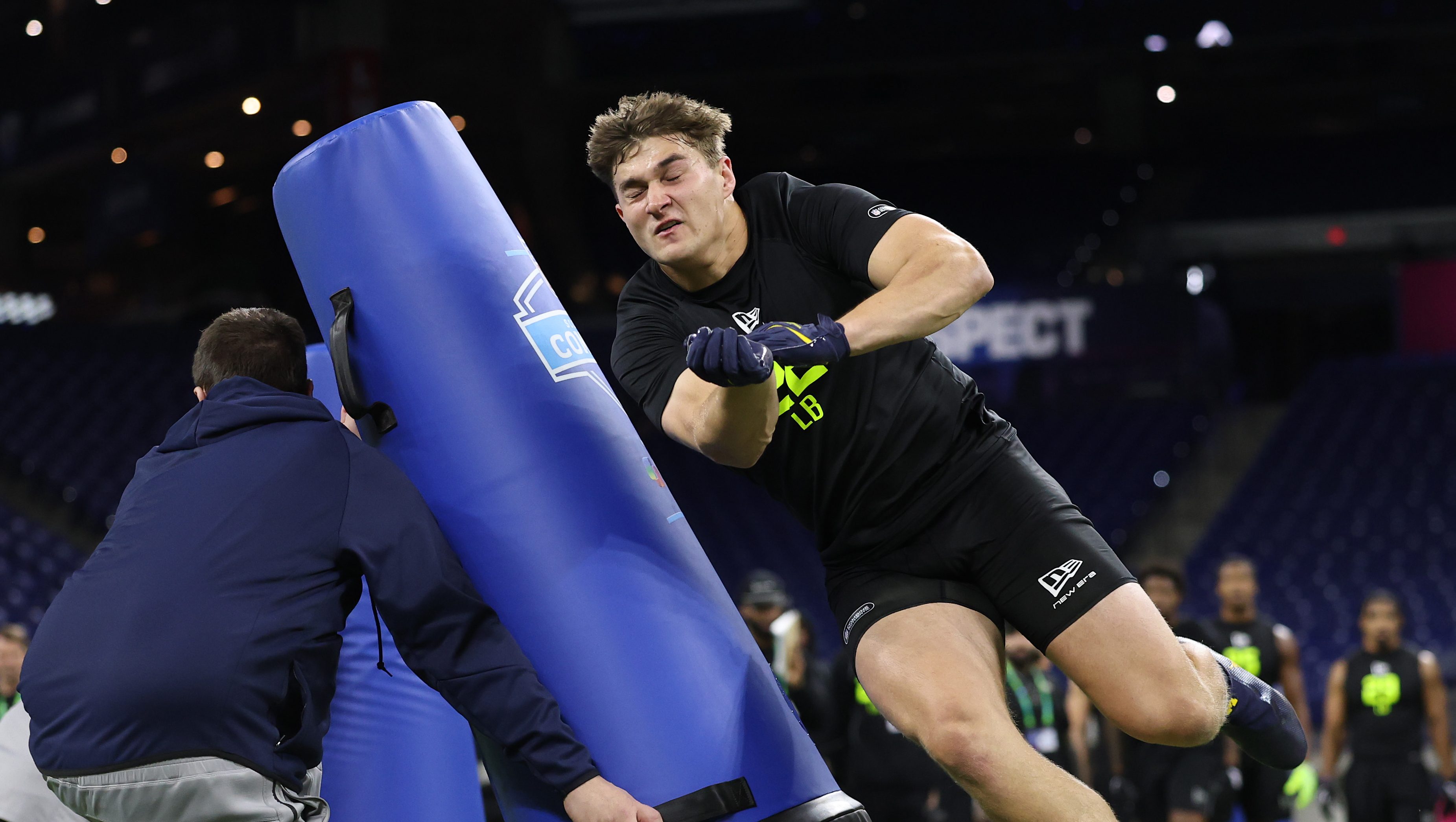 Jimmy Rolder of the Michigan Wolverines participates in a drill during the 2026 NFL Scouting Combine at Lucas Oil Stadium on February 26, 2026 in Indianapolis, Indiana.