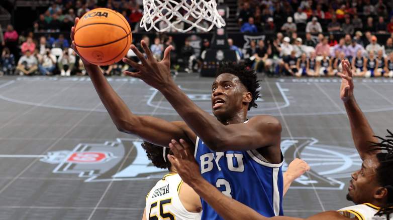 AJ Dybantsa driving to basket during BYU game as top NBA Draft prospect