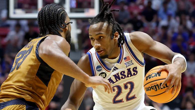 Darryn Peterson dribbling during Kansas game as NBA Draft point guard prospect
