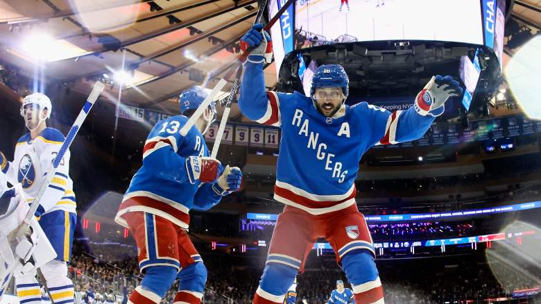 Vincent Trocheck #16 of the New York Rangers celebrates a Rangers goal against Ukko-Pekka Luukkonen #1 of the Buffalo Sabres at Madison Square Garden on April 08, 2026 in New York City. The Sabres defeated the Rangers 5-3.