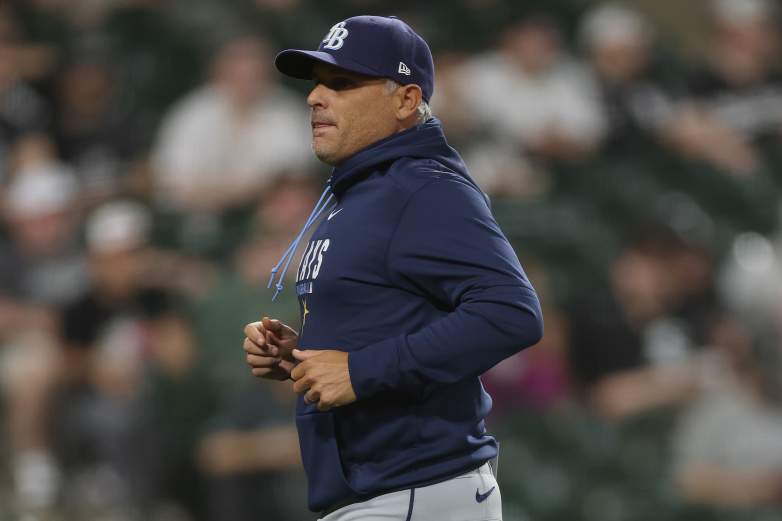CHICAGO, ILLINOIS - APRIL 14: Manager Kevin Cash #16 of the Tampa Bay Rays looks on against the Chicago White Sox at Rate Field on April 14, 2026 in Chicago, Illinois. (Photo by Michael Reaves/Getty Images)