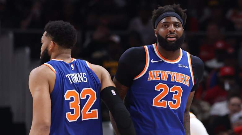 New York Knicks centers Mitchell Robinson and Karl-Anthony Towns during a playoff game before the NBA Finals