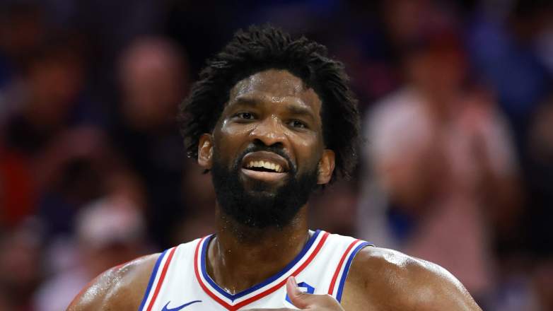 PHILADELPHIA, PENNSYLVANIA - APRIL 30: Joel Embiid #21 of the Philadelphia 76ers reacts during the first quarter of a game against the Boston Celtics in Game Six of the First Round of the NBA Eastern Conference Playoffs at Xfinity Mobile Arena on April 30, 2026 in Philadelphia, Pennsylvania. NOTE TO USER: User expressly acknowledges and agrees that, by downloading and or using this photograph, User is consenting to the terms and conditions of the Getty Images License Agreement. (Photo by Elsa/Getty Images)