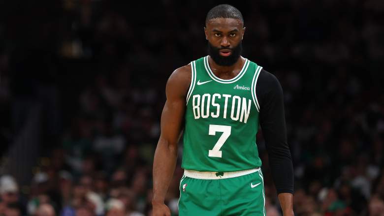 Jaylen Brown looks on during the Celtics’ playoff game against the Philadelphia 76ers at TD Garden.