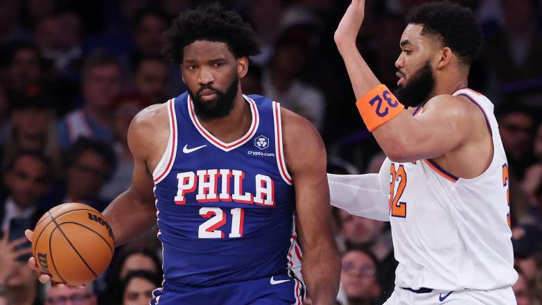 Joel Embiid #21 of the Philadelphia 76ers works against Karl-Anthony Towns #32 of the New York Knicks are potential NBA trade rumor targets