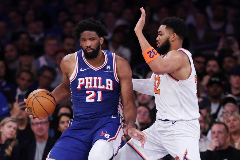 Philadelphia 76ers center Joel Embiid dribbles the ball in a game against the Knicks. (Photo by Al Bello/Getty Images)