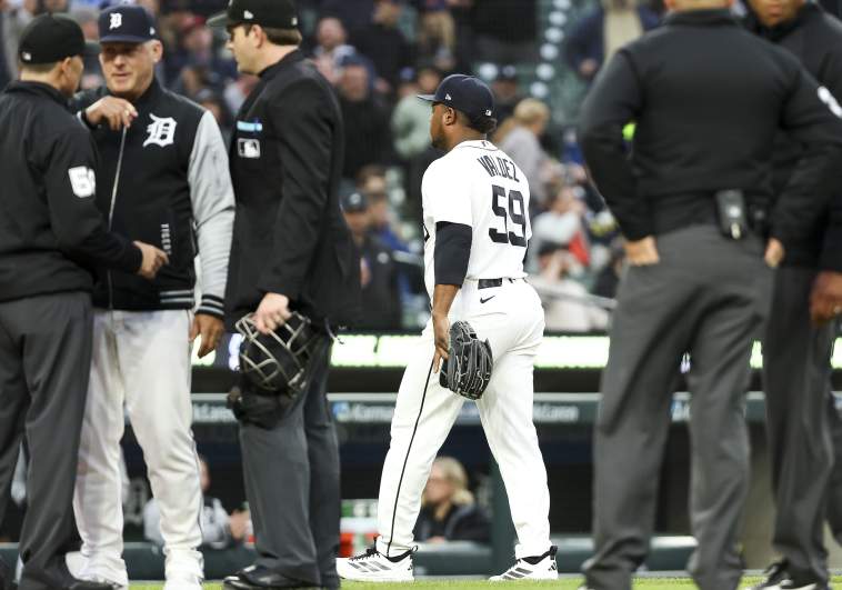 Detroit Tigers' Framber Valdez is ejected after intentionally hitting Boston Red Sox's Trevor Story.