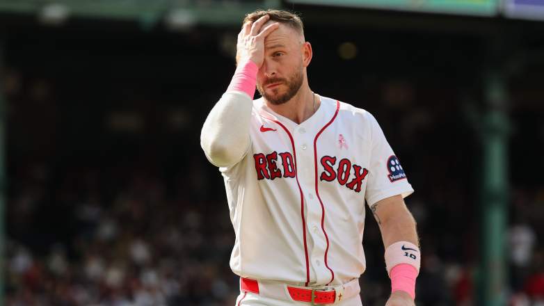 Trevor Story reacts during a Boston Red Sox game at Fenway Park in 2026.