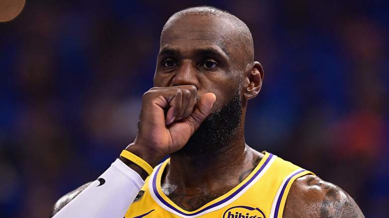 LeBron James reacts during a Los Angeles Lakers playoff game amid growing speculation about his NBA future