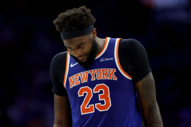 New York Knicks center Mitchell Robinson reacts during the playoffs amid injury concerns before the NBA Finals