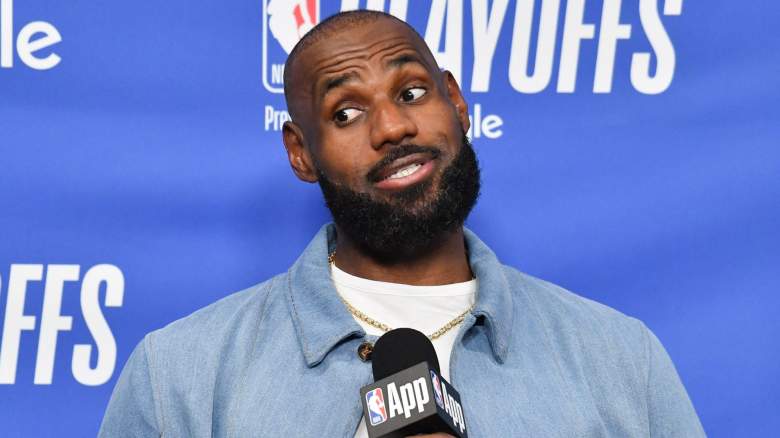 LeBron James speaking at podium during NBA playoffs amid Lakers free agency discussions