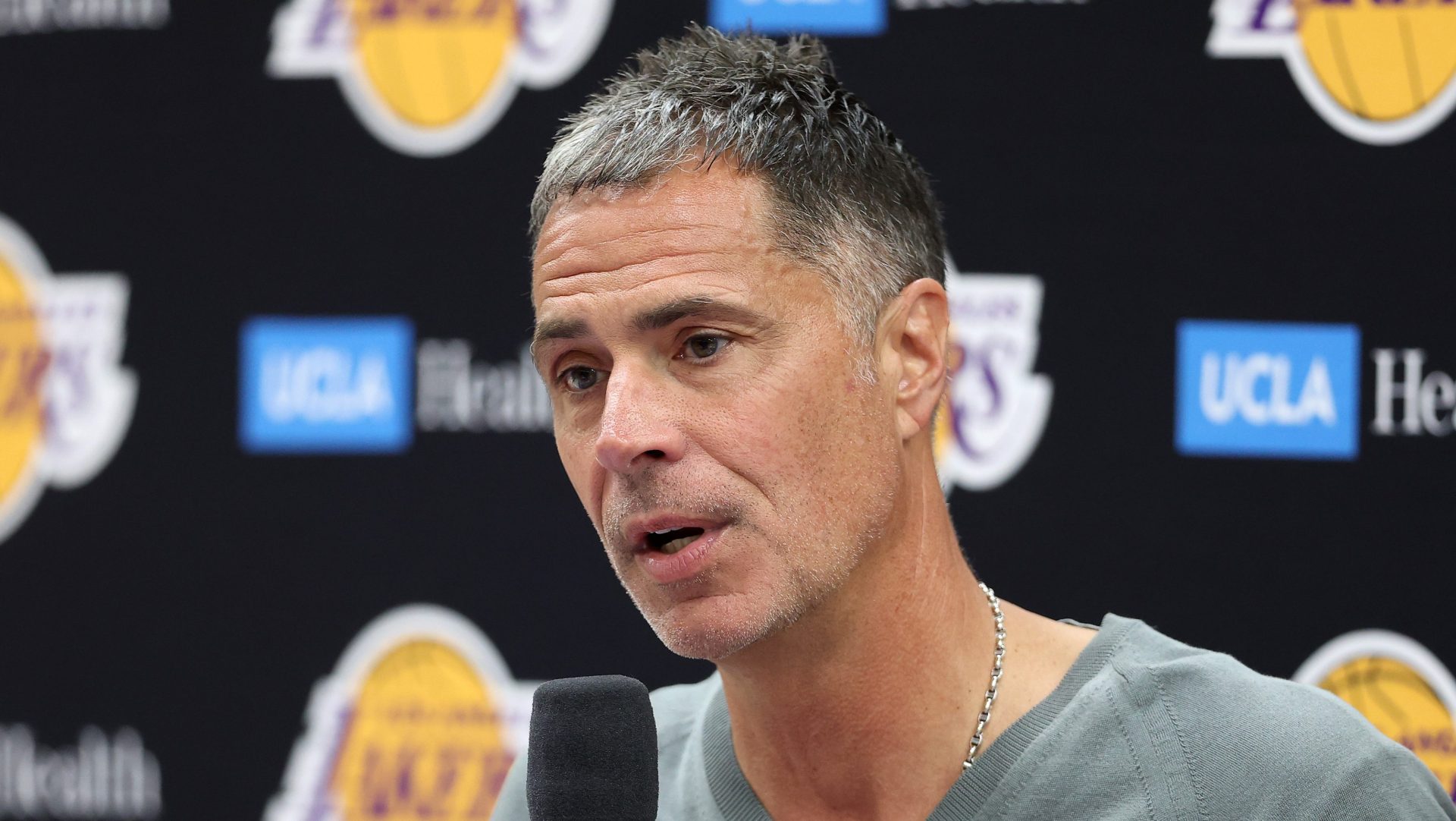 Lakers general manager Rob Pelinka speaking during a press conference
