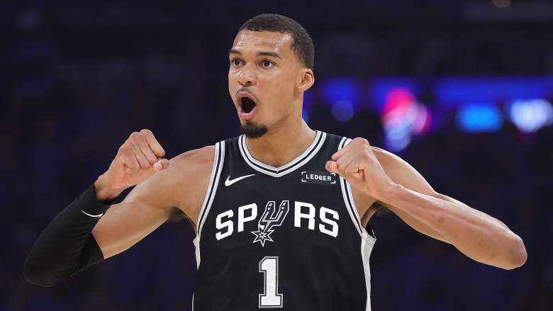 Victor Wembanyama celebrates during Spurs Game 1 win over Thunder