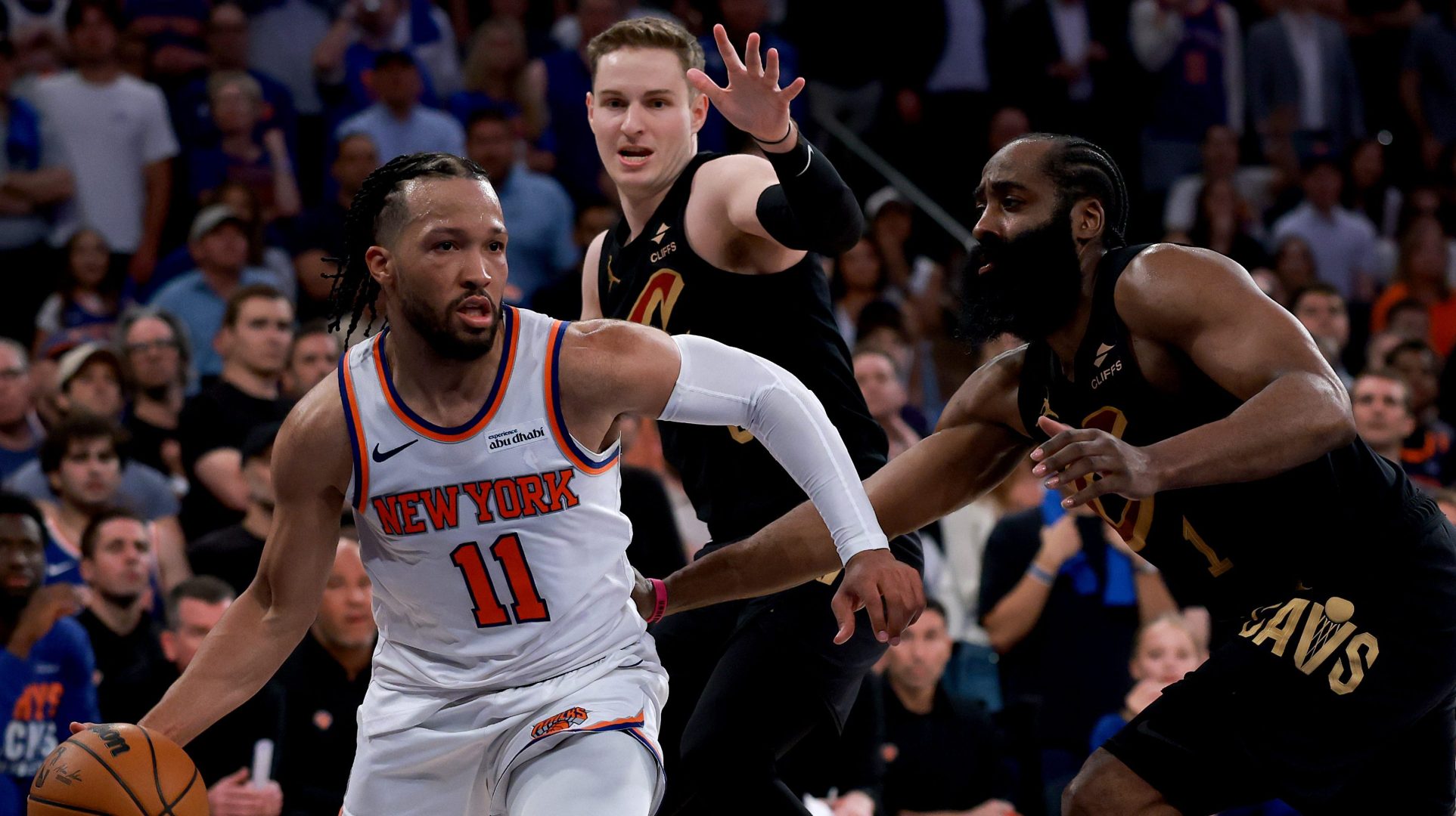 Jalen Brunson drives against James Harden during Knicks comeback win vs Cavaliers in Game 1