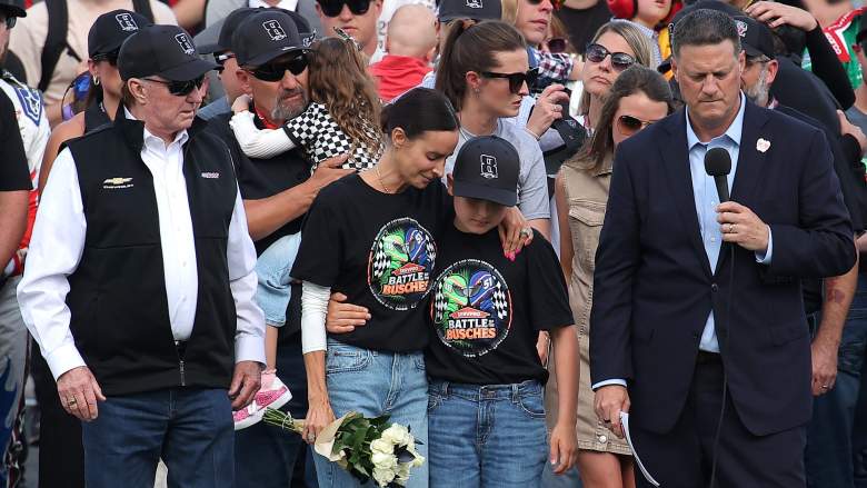 Samantha Busch and Brexton Busch during a pre-race tribute honoring Kyle Busch at Charlotte Motor Speedway.