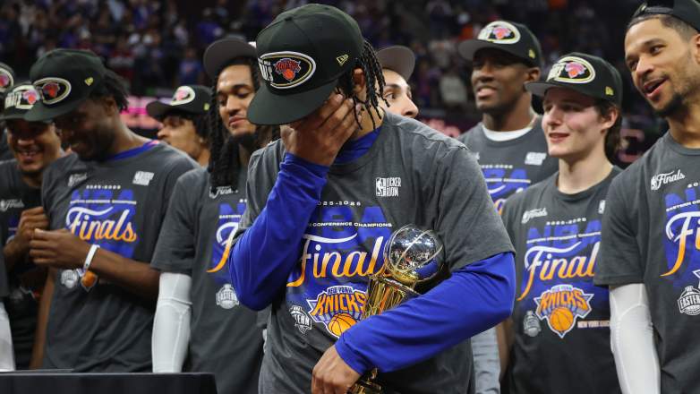 Jalen Brunson holds Eastern Conference Finals MVP trophy after leading New York Knicks to NBA Finals