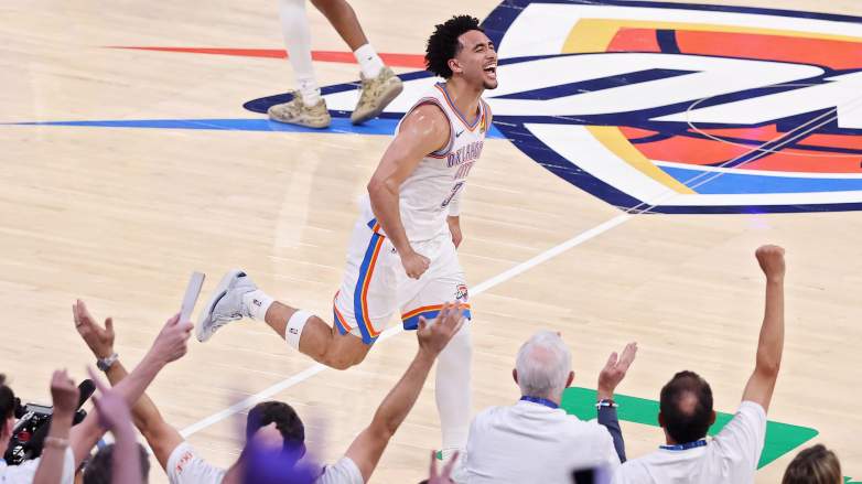 Oklahoma City Thunder guard Jared McCain celebrates after a clutch basket during Game 5 of the Western Conference finals against the San Antonio Spurs.