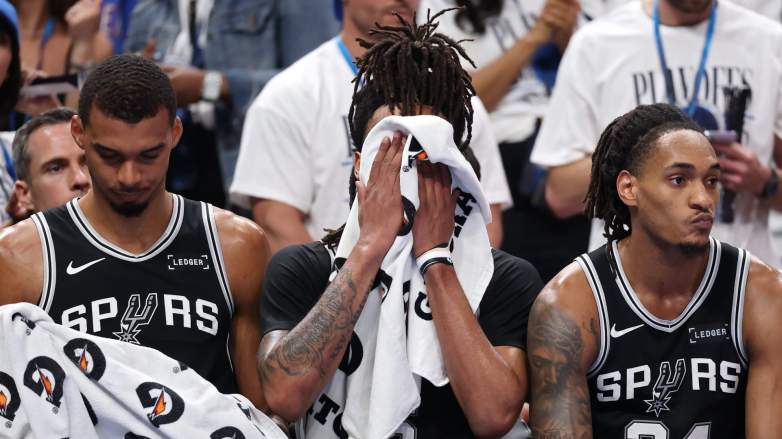 San Antonio Spurs stars Victor Wembanyama, Stephon Castle and Devin Vassell react on the bench during Game 5 of the Western Conference finals against the Oklahoma City Thunder.