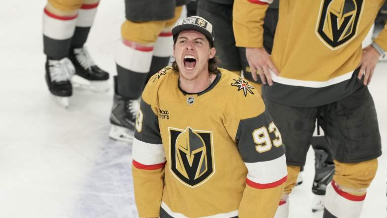 Mitch Marner #93 of the Vegas Golden Knights celebrates after the team's 2-1 victory over the Colorado Avalanche in Game Four of the Western Conference Final of the 2026 Stanley Cup Playoffs at T-Mobile Arena on May 26, 2026 at T-Mobile Arena on May 26, 2026 in Las Vegas, Nevada.