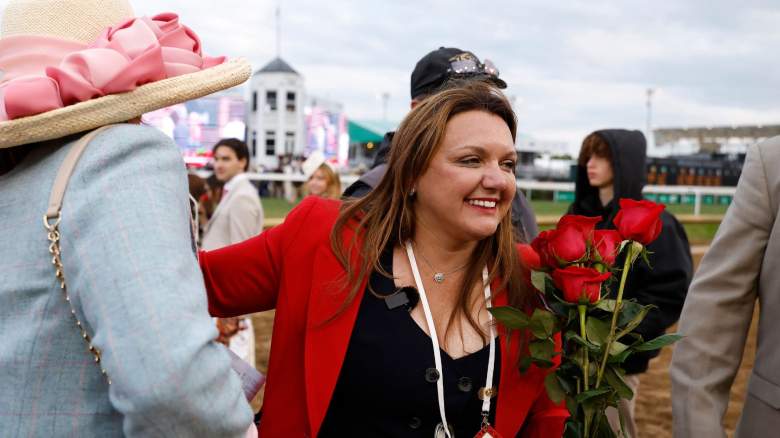Cherie DeVaux trainer of Golden Tempo #19 celebrates after becoming the first female trainer to win the Kentucky Derby during the 152nd running of the Kentucky Derby at Churchill Downs on May 02, 2026