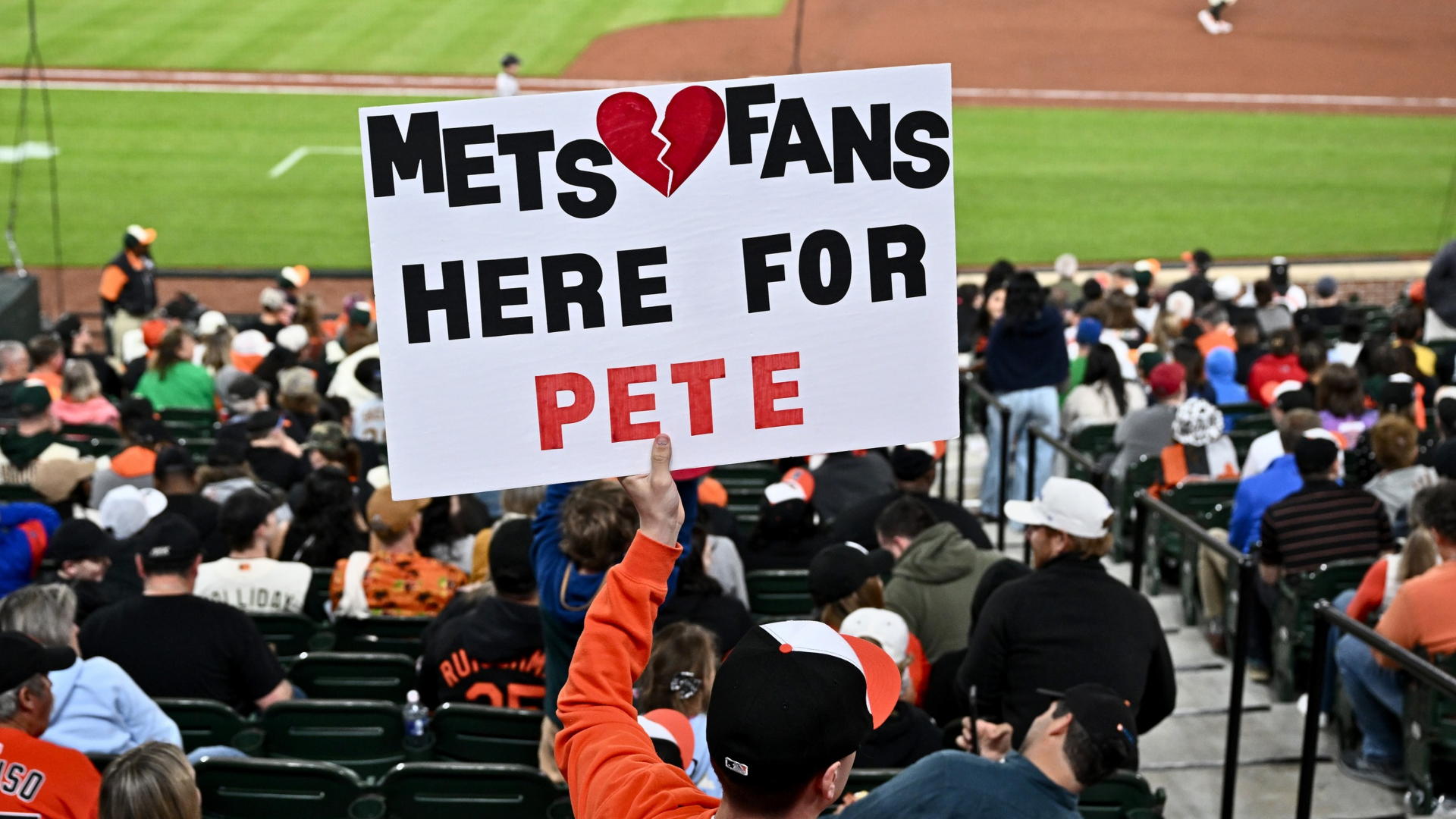 A fan holds up a sign for Pete Alonso #25 of the Baltimore Orioles in the fourth inning against the San Francisco Giants at Oriole Park at Camden Yards on April 10, 2026 in Baltimore, Maryland. (Photo by Greg Fiume/Getty Images)