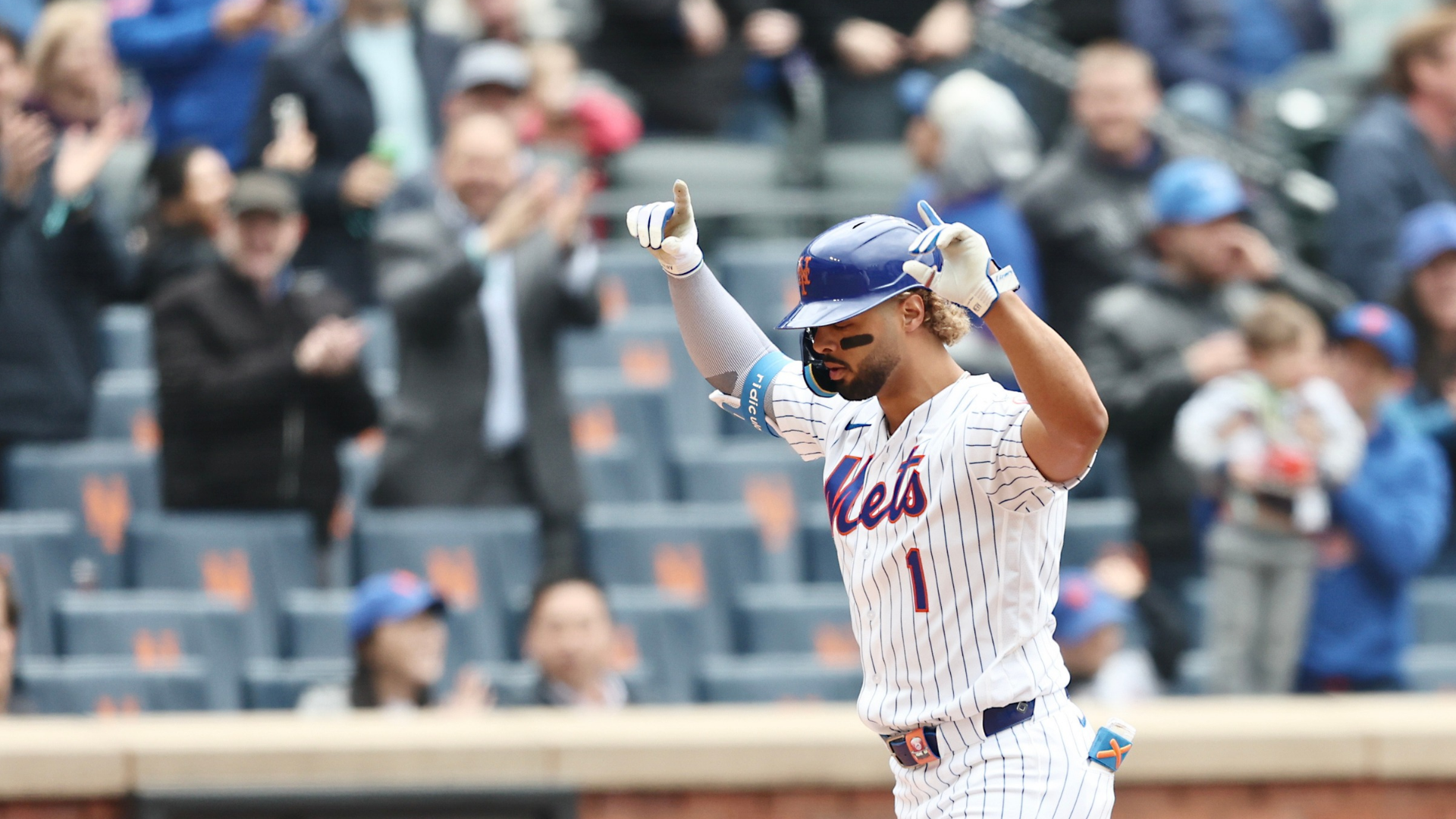 Mj Melendez #1 of the New York Mets gestures after hitting a three-run home run during the third inning of a game against the Washington Nationals at Citi Field on April 30, 2026 in the Queens borough of New York City. (Photo by Heather Khalifa/Getty Images)
