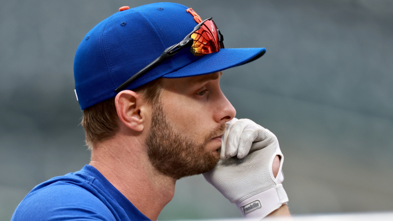 Austin Slater #40 of the New York Mets looks on during batting practice before the game against the Washington Nationals at Citi Field on April 28, 2026 in the Flushing neighborhood of the Queens borough of New York City. (Photo by Elsa/Getty Images)