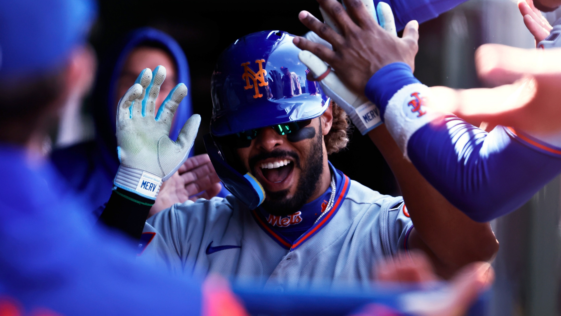 Mj Melendez #1 of the New York Mets celebrates a home run in the dugout during the fifth inning against the Chicago Cubs at Wrigley Field on April 19, 2026 in Chicago, Illinois. (Photo by Sage Zipeto/Getty Images)