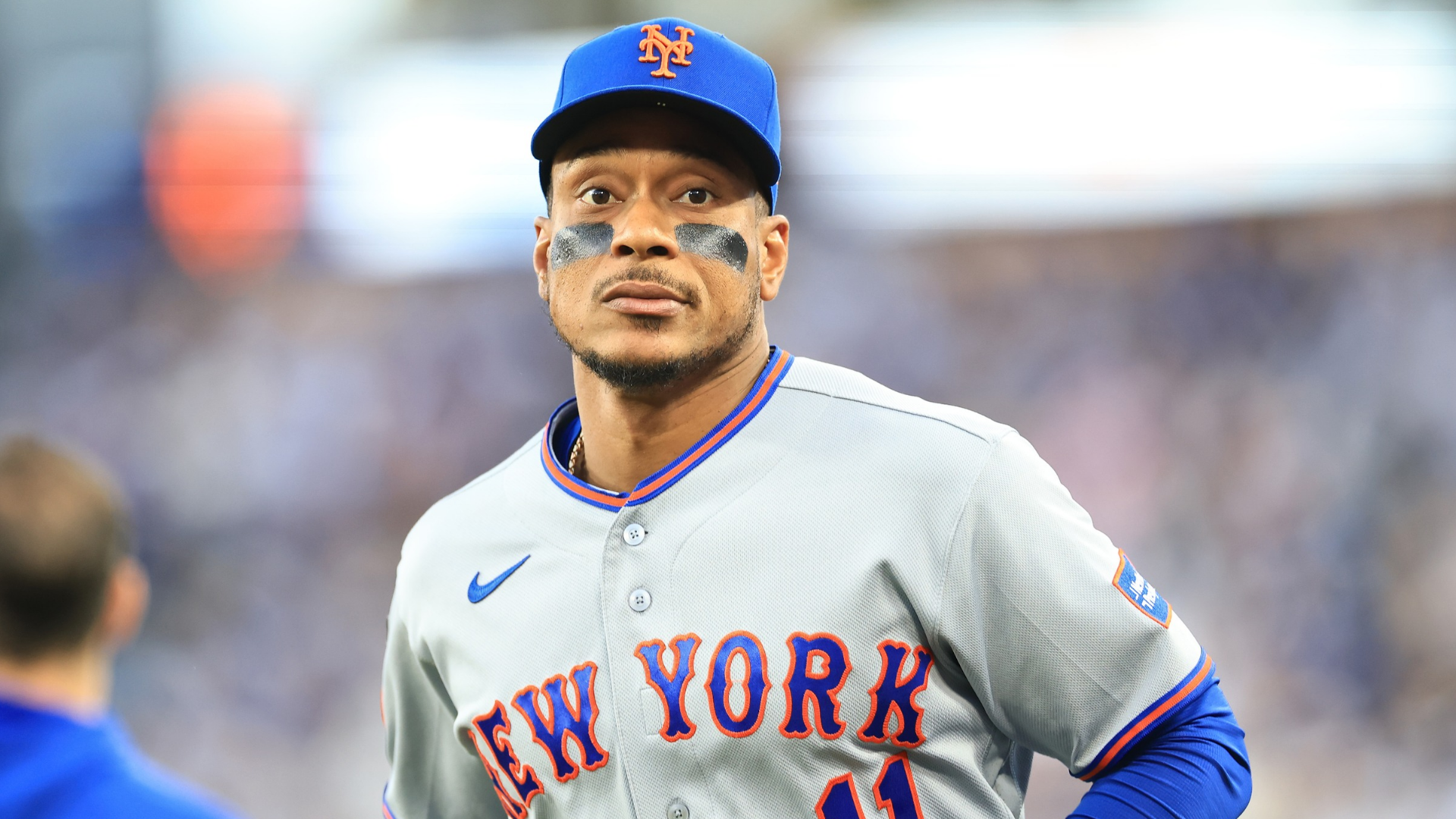 Jorge Polanco #11 of the New York Mets looks on during a game against the Los Angeles Dodgers at Dodger Stadium on April 13, 2026 in Los Angeles, California. (Photo by Sean M. Haffey/Getty Images)