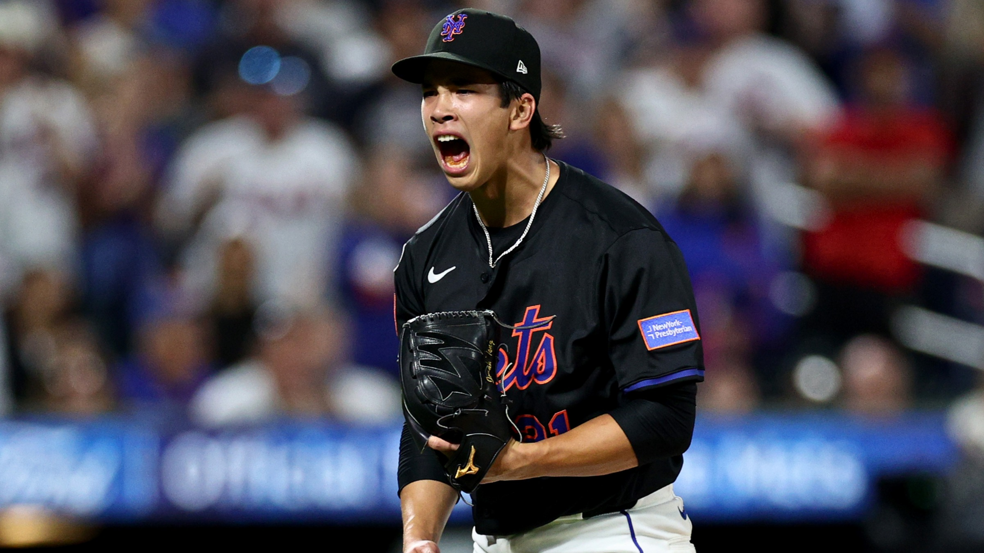 Jonah Tong #21 of the New York Mets reacts after a strikeout in the fifth inning \am at Citi Field on August 29, 2025 in New York City. (Photo by Evan Bernstein/Getty Images)