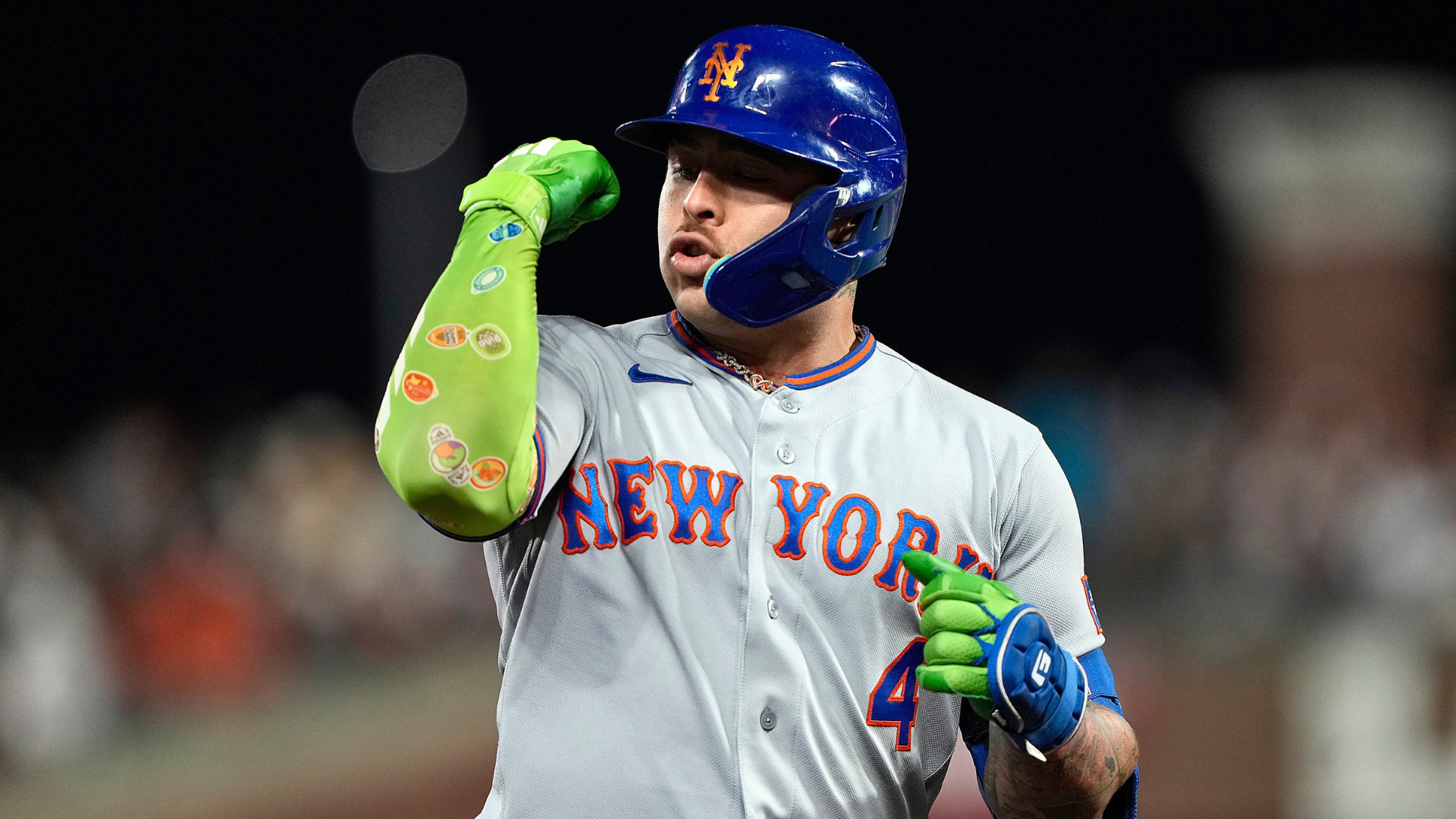 Francisco Alvarez #4 of the New York Mets celebrates as he trots around the bases after hitting a solo home run against the San Francisco Giants in the top of the fourth inning at Oracle Park on April 03, 2026 in San Francisco, California. (Photo by Thearon W. Henderson/Getty Images)