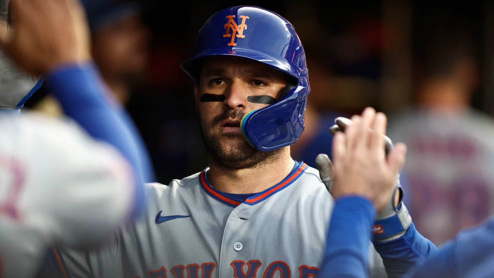 Luis Torrens #13 of the New York Mets celebrates in the dugout after scoring on a single by Bo Bichette #19 in the top of the fifth inning against the San Francisco Giants at Oracle Park on April 04, 2026 in San Francisco, California. (Photo by Lachlan Cunningham/Getty Images)