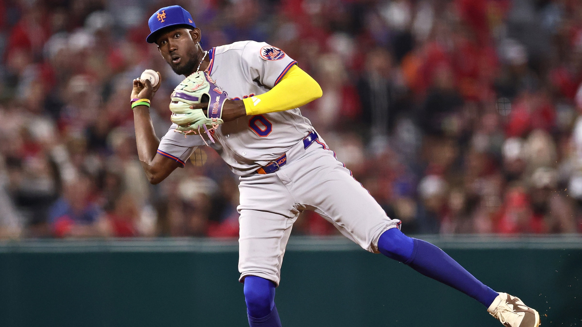 Ronny Mauricio #0 of the New York Mets throws to first base against the Los Angeles Angels during the seventh inning at Angel Stadium of Anaheim on May 01, 2026 in Anaheim, California. (Photo by Luke Hales/Getty Images)
